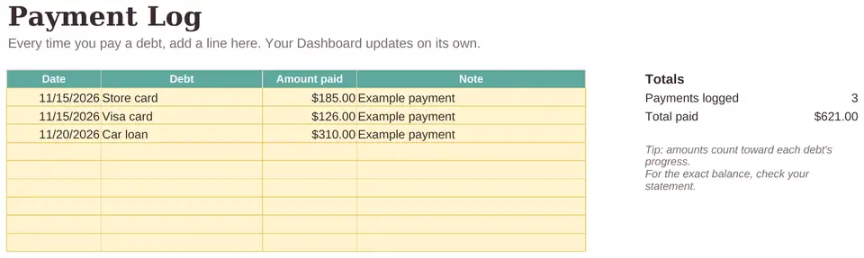 Payment Log tab